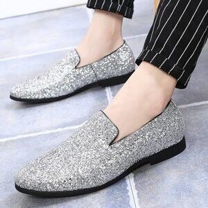 Santimon‎ Men's US 6.5 - 12.5 Silver Glitter Slip-On Loafers Sequin Dress Shoes